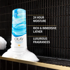Olay pump dispensing creamy lather for rich cleansing and soft skin