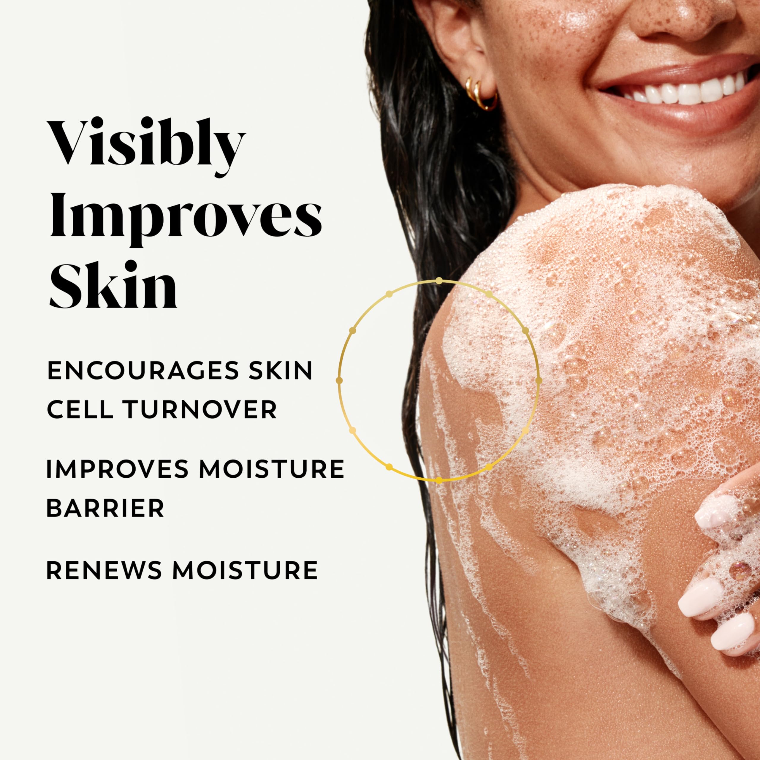 Olay pump dispensing body wash into hand illustrating easy, mess-free use