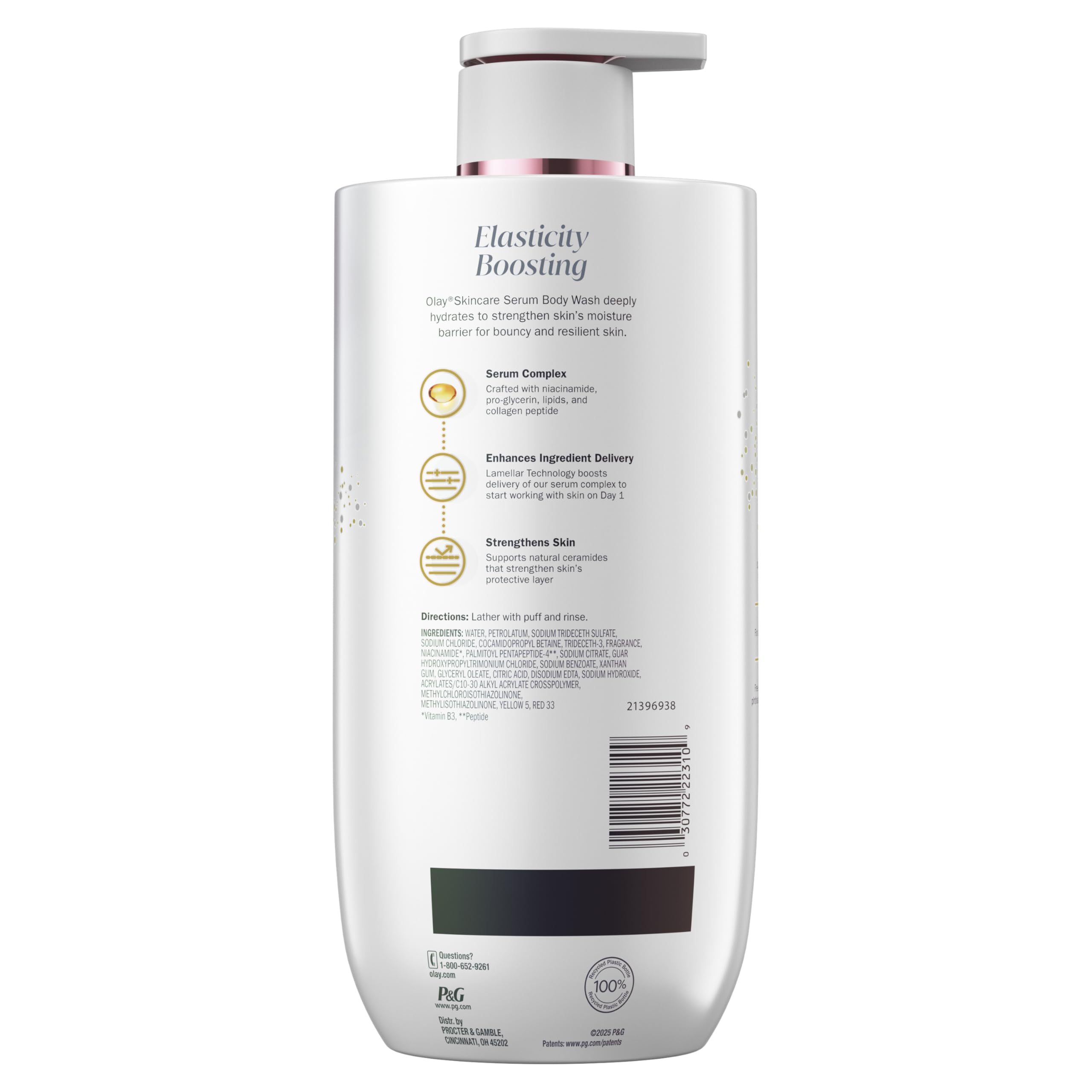 Back of Olay bottle showing ingredient list and eco packaging info