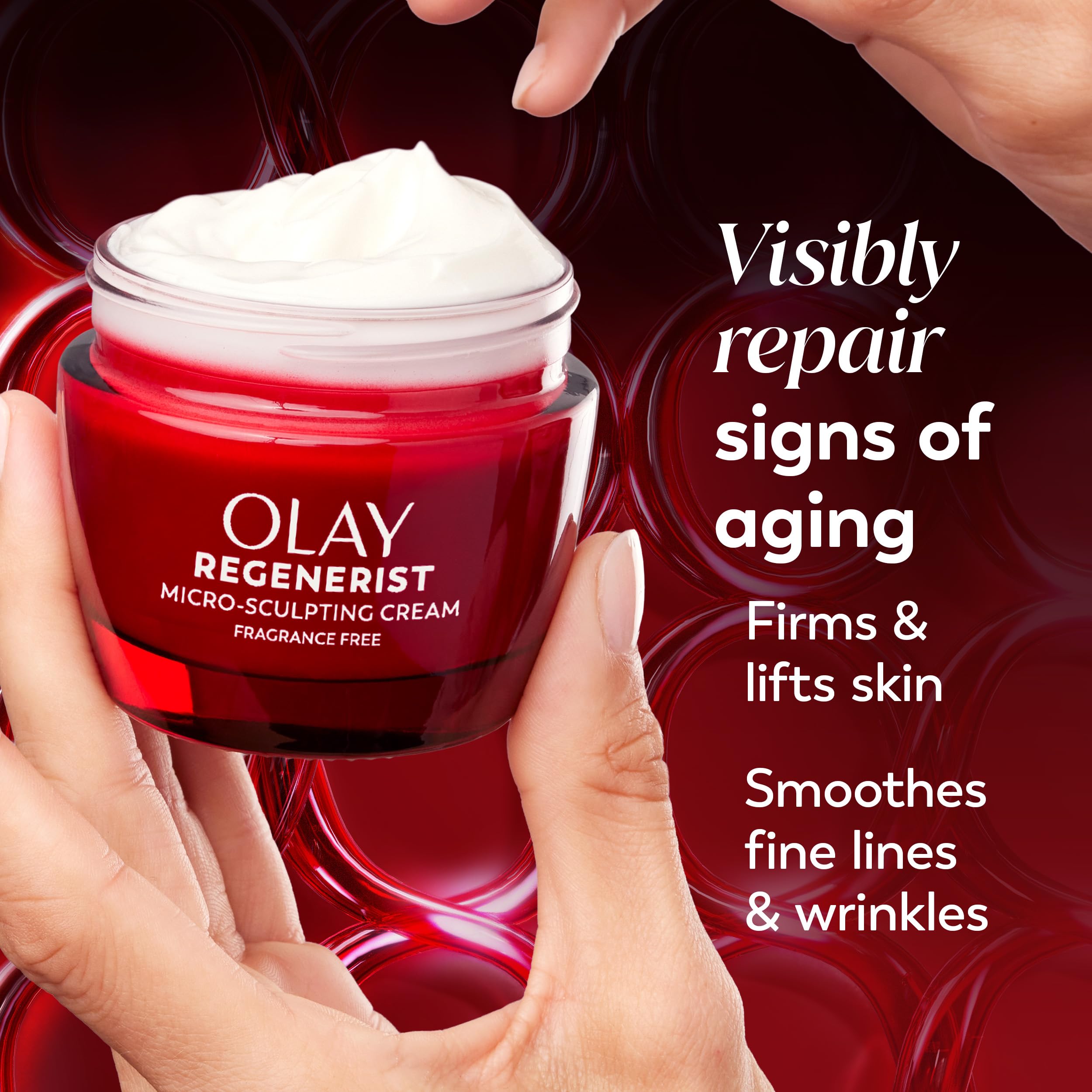 Olay cream on hand demonstrating application and instant plumping effect