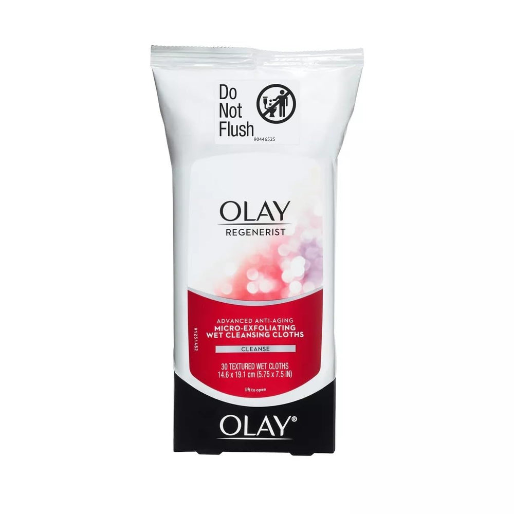 Olay Regenerist front packaging showing 30-count pack and travel convenience