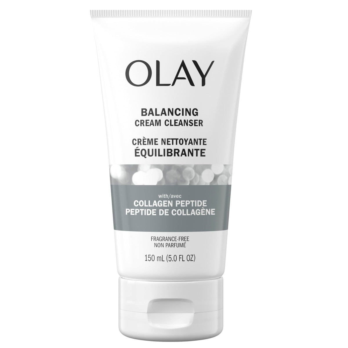 Olay front packaging showing 150 mL tube and product benefit