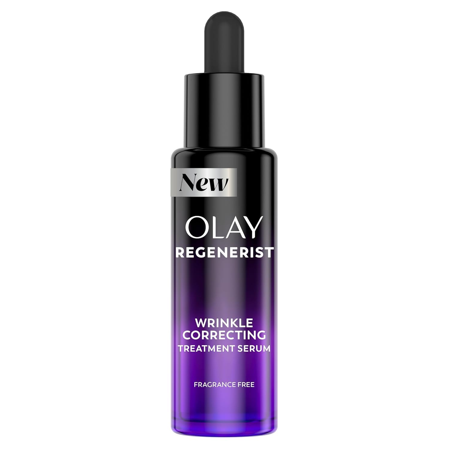 Olay bottle front view showing clean design and benefits