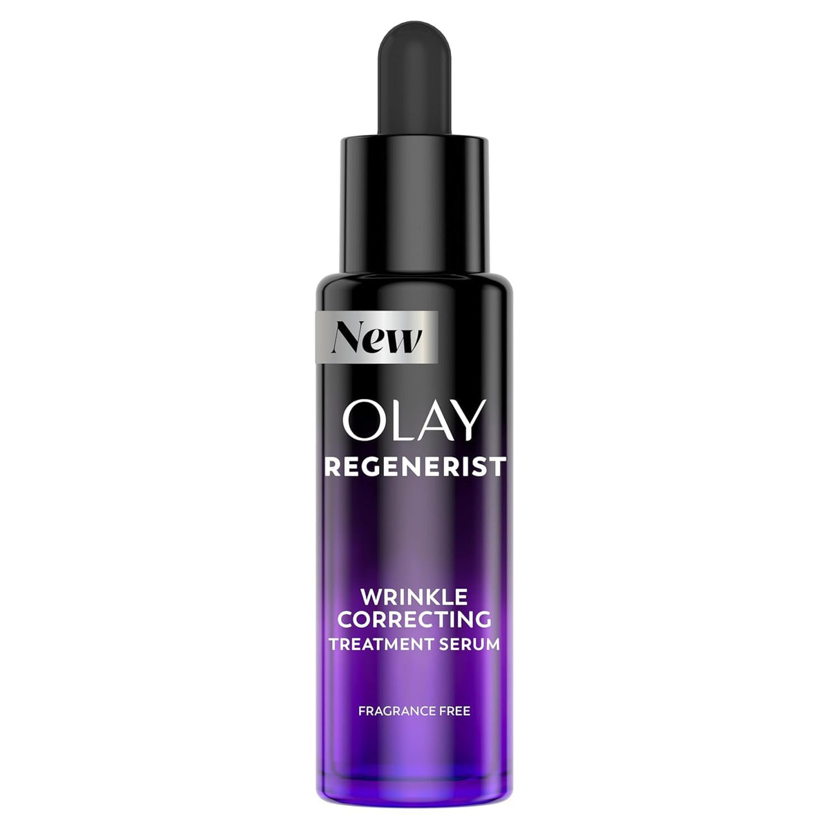 Olay bottle front view showing clean design and benefits