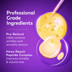 Olay ingredient label emphasizing pro-retinol and Hexa-Repair peptide
