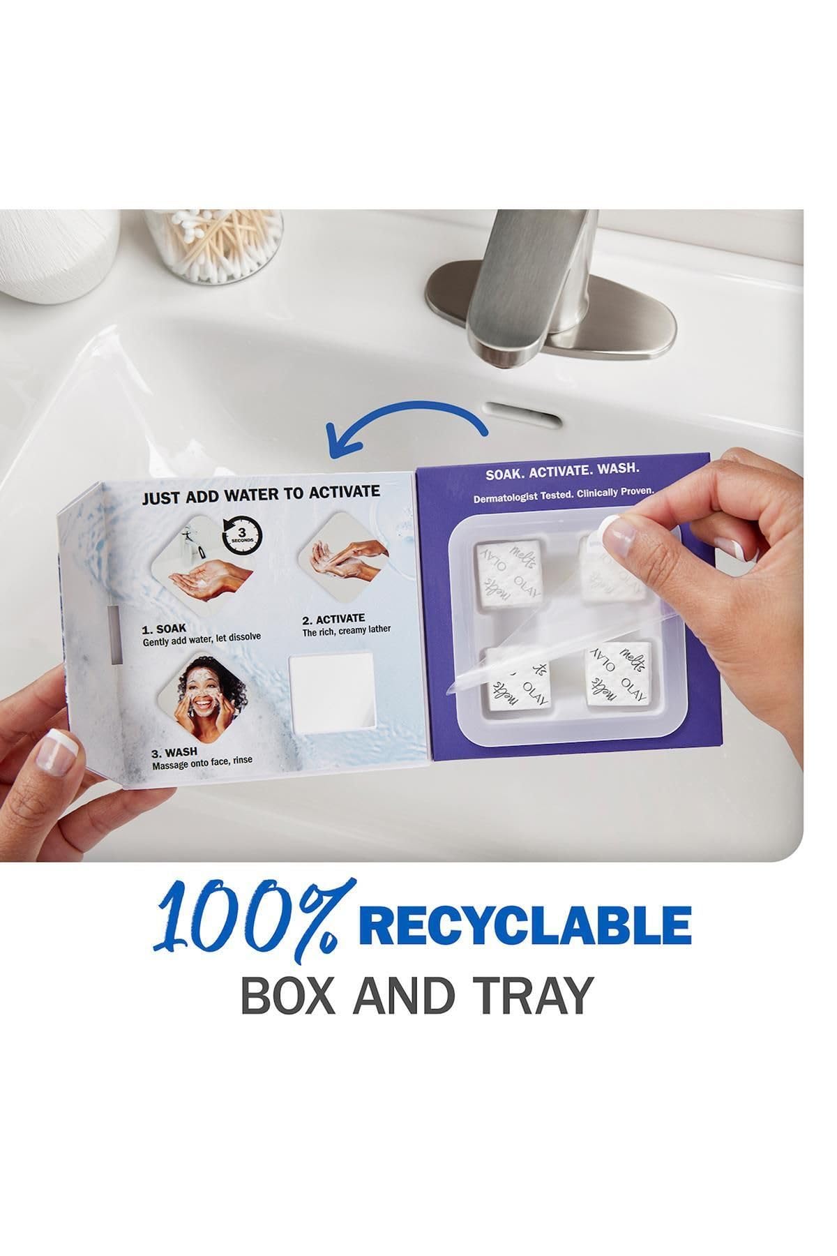 Detail of Olay recyclable packaging demonstrating eco-conscious material benefit
