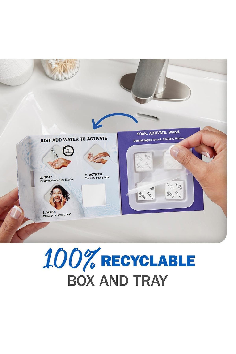 Detail of Olay recyclable packaging demonstrating eco-conscious material benefit