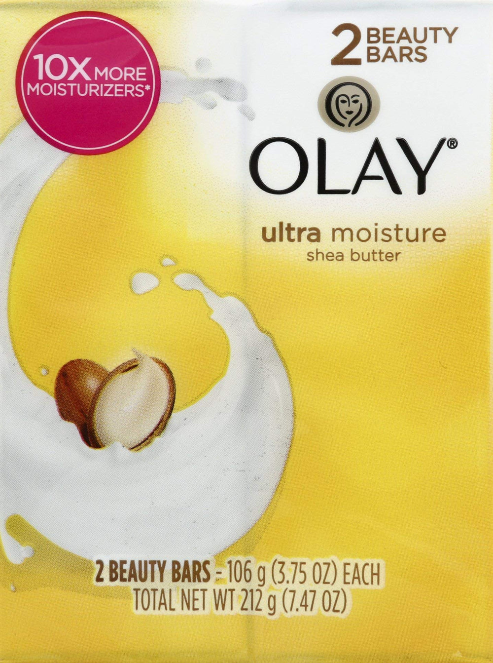 Procter & Gamble Olay beauty bar front packaging showing dual-pack and moisturizing benefits