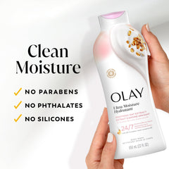 Olay bottle held in hand to show 22 fl oz scale and long-lasting supply