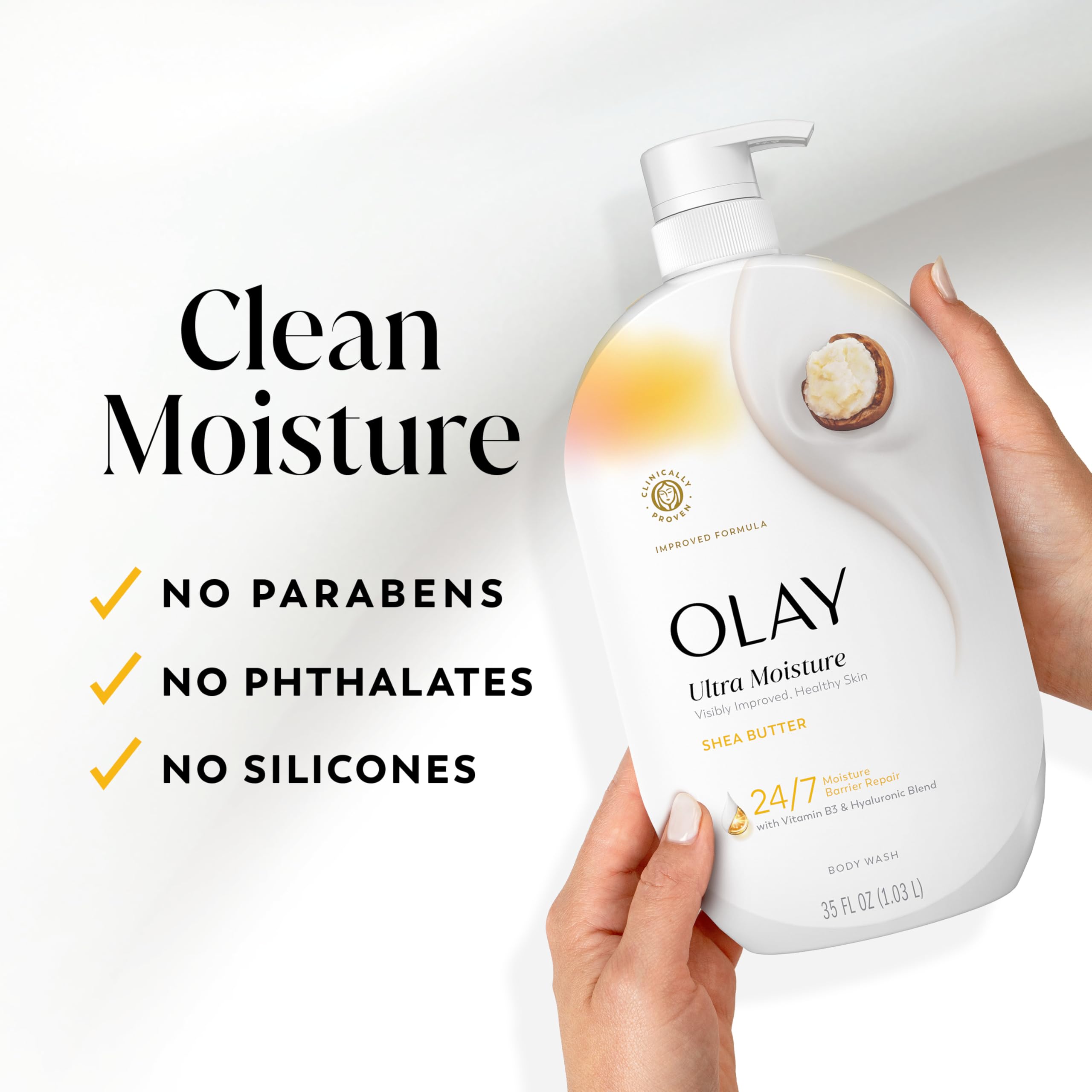Olay size comparison with 35 fl oz bottle emphasizing value and longevity