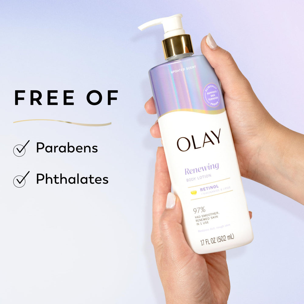 Olay bottle in hand for scale showing 17 fl oz size and convenience benefit