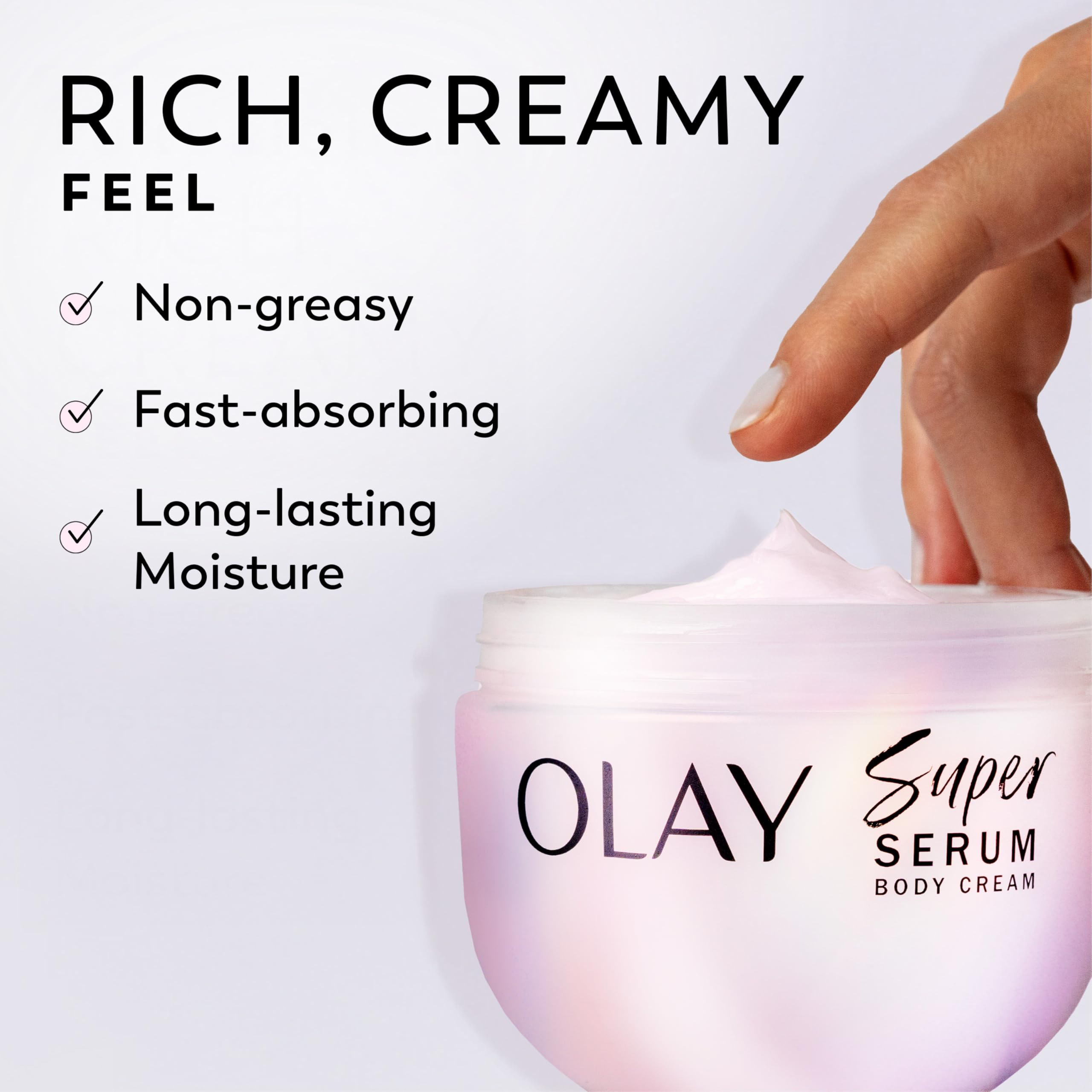 Olay jar beside a hand for size comparison showing portable 10 fl oz convenience benefit