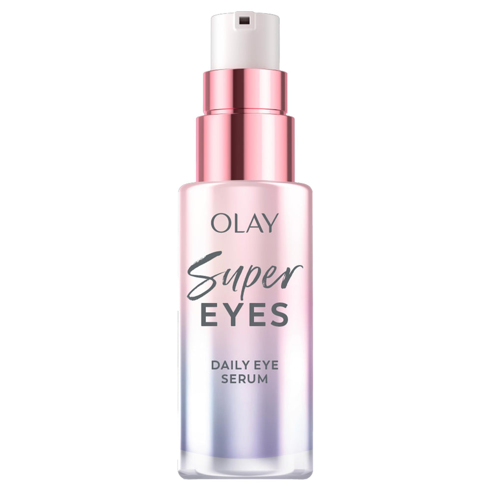 Olay front bottle shot showing pump and branding, communicates premium convenience