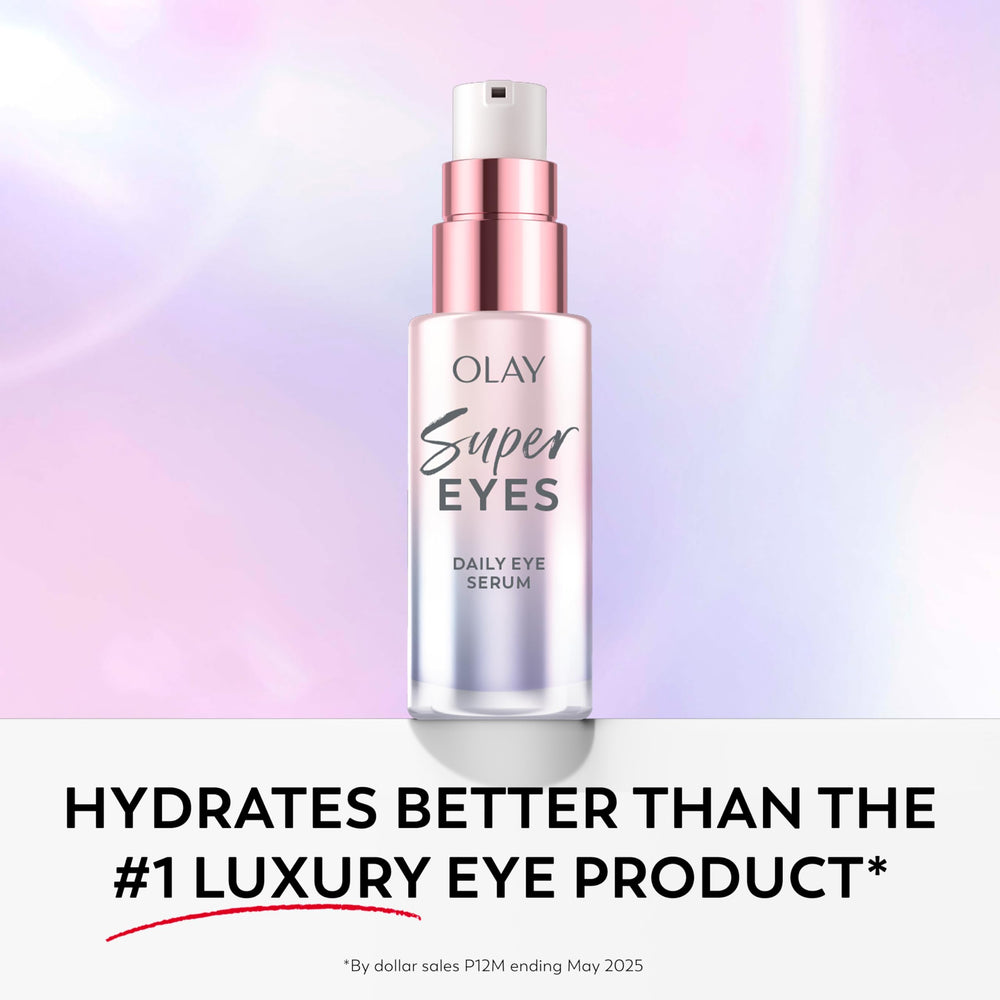 Lifestyle morning routine with Olay serum near mirror, visualizes refreshed eyes
