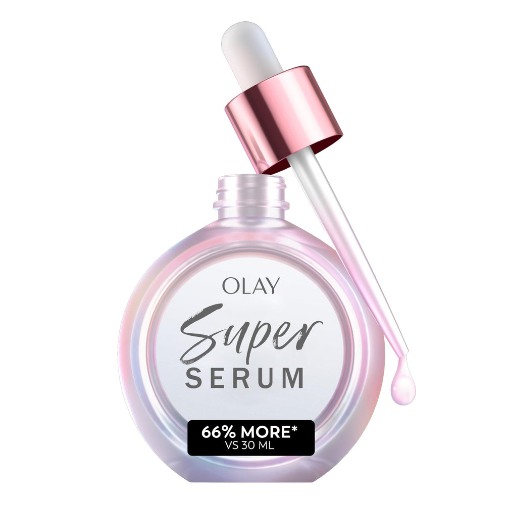 Olay bottle front view showing serum and glow benefits