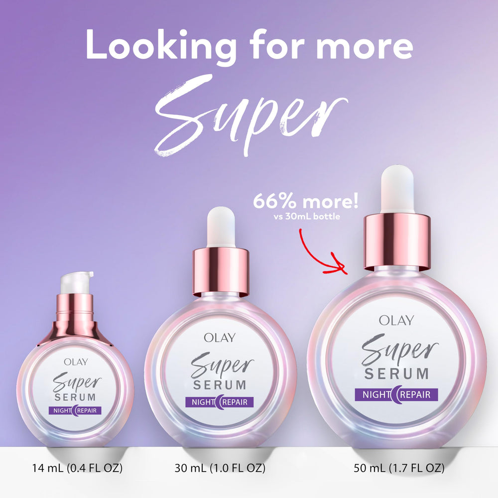 Olay Super Serum on bathroom counter at night promoting nightly routine