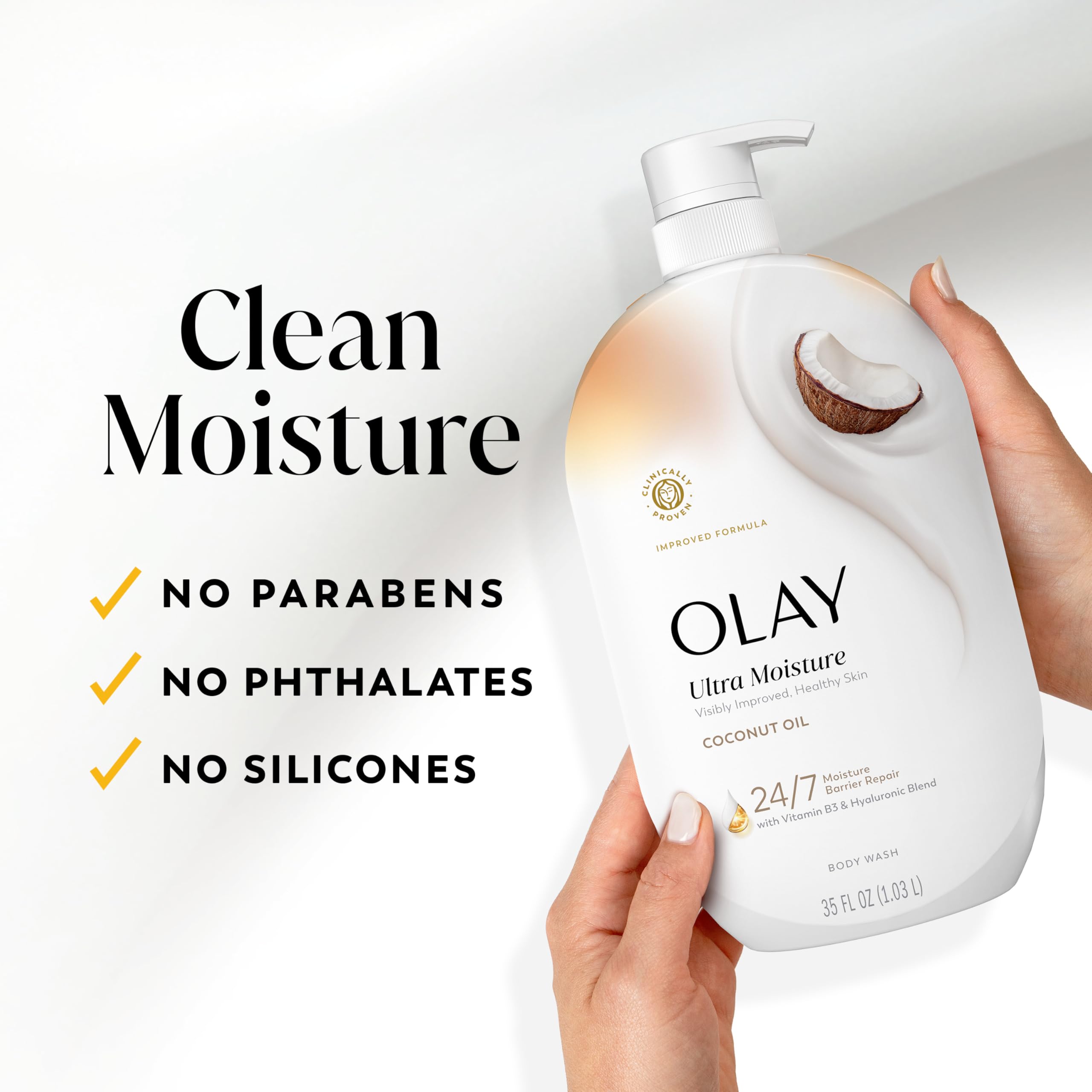 Olay bottle placed in a shower niche, emphasizing daily use convenience