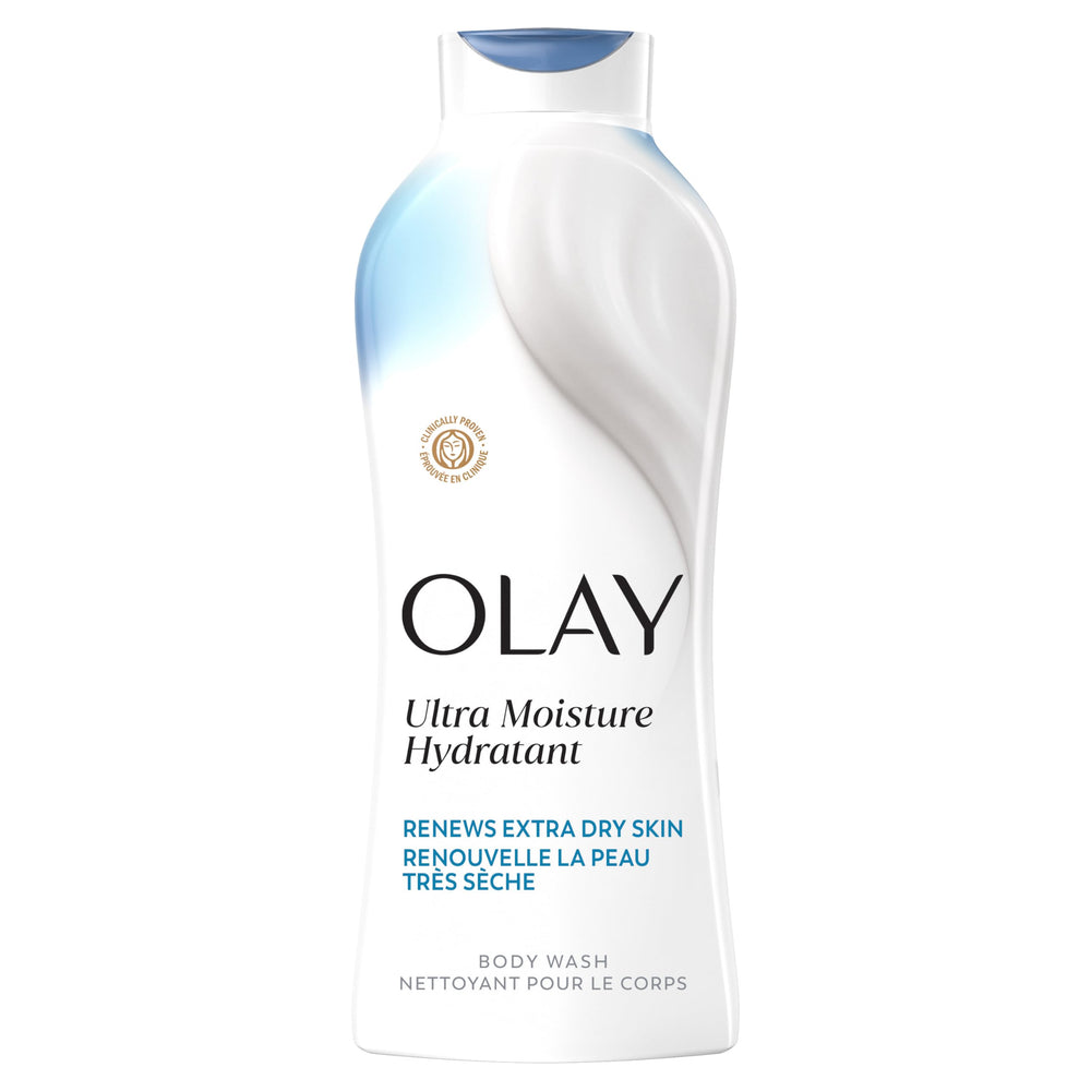 Olay bottle front view showing label and 22 fl oz size for hydration benefit