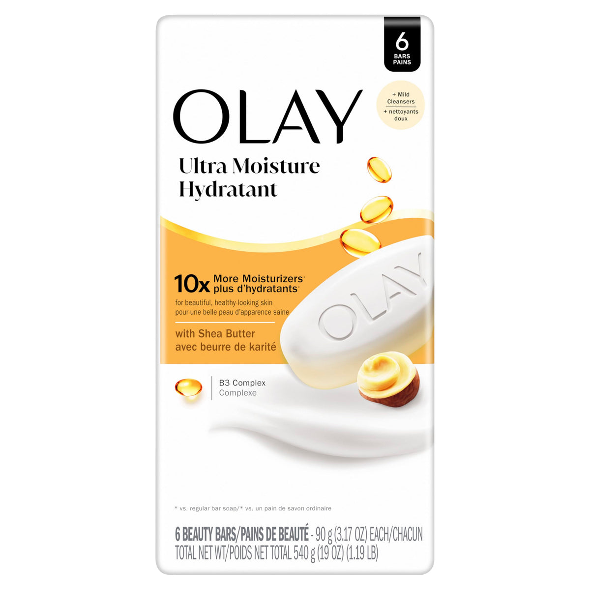 Olay front packaging showing six bars and moisturizing benefits
