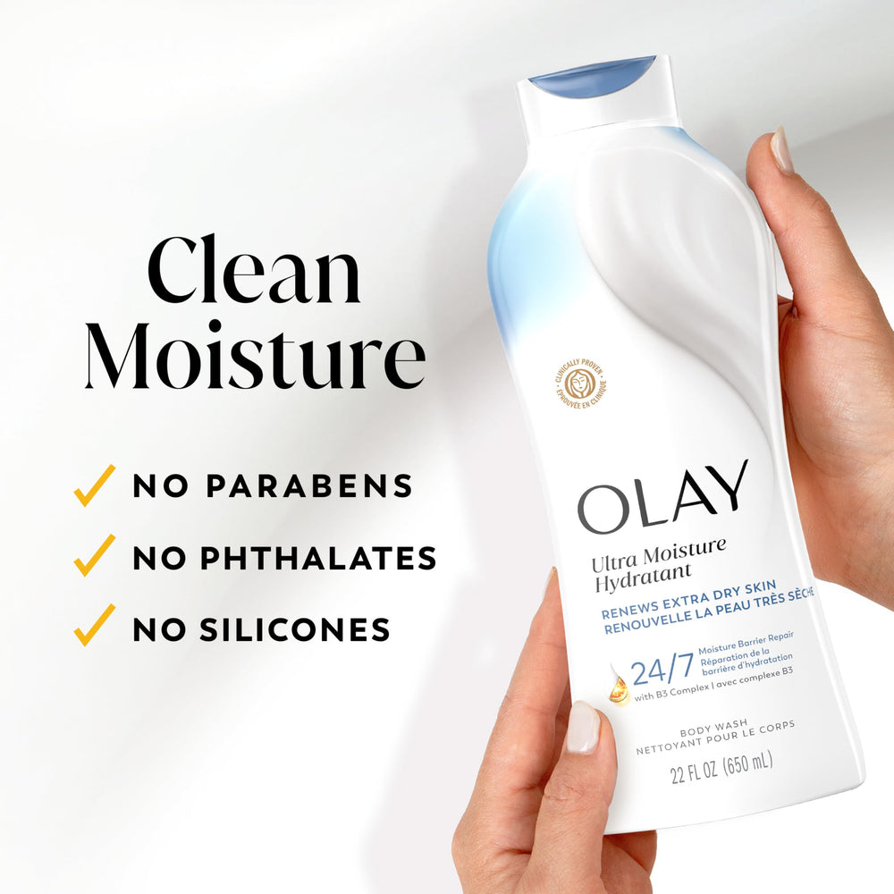 Hand applying Olay body wash showing gentle cleansing and softening benefit