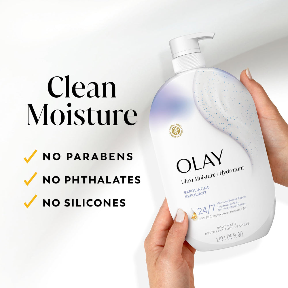 Olay bottle beside hands to show the 35 fl oz size scale