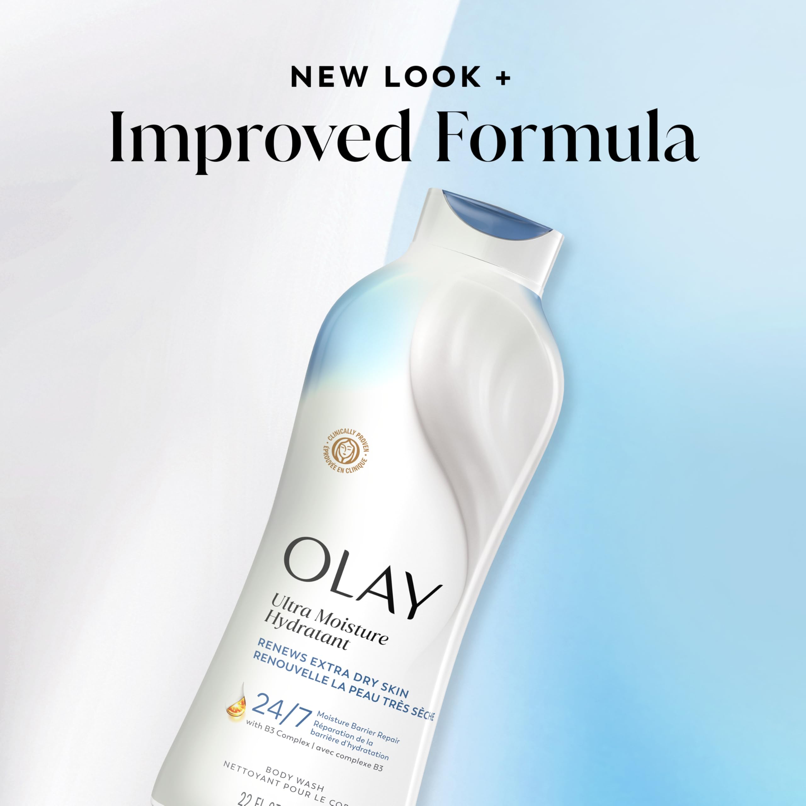 Olay bottle beside common items to show 22 fl oz scale and travel practicality