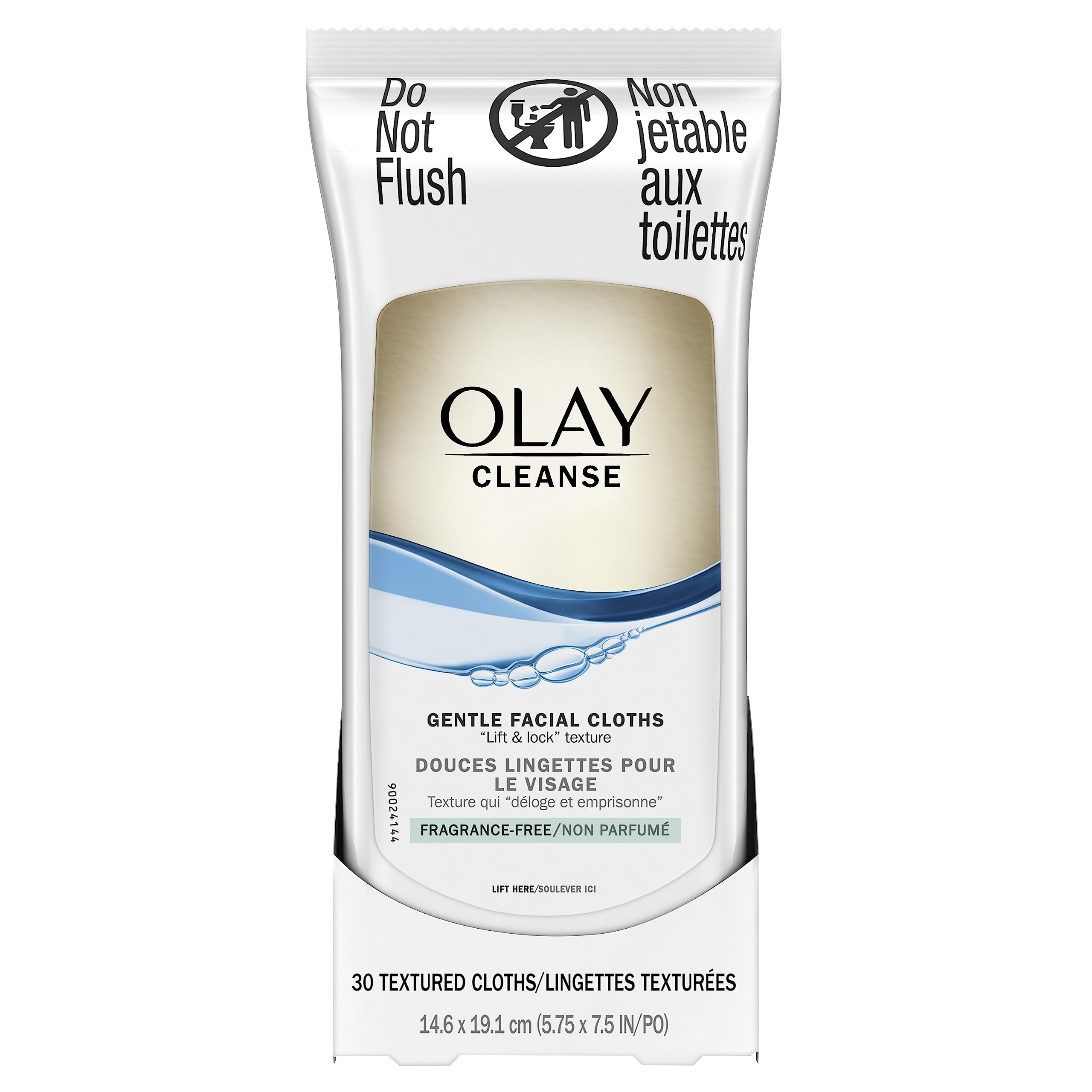 Olay wet cleansing cloths front packaging showing 30-count resealable pack for gentle cleansing