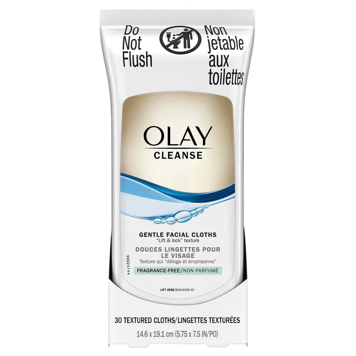 Olay wet cleansing cloths front packaging showing 30-count resealable pack for gentle cleansing