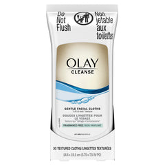 Olay wet cleansing cloths front packaging showing 30-count resealable pack for gentle cleansing