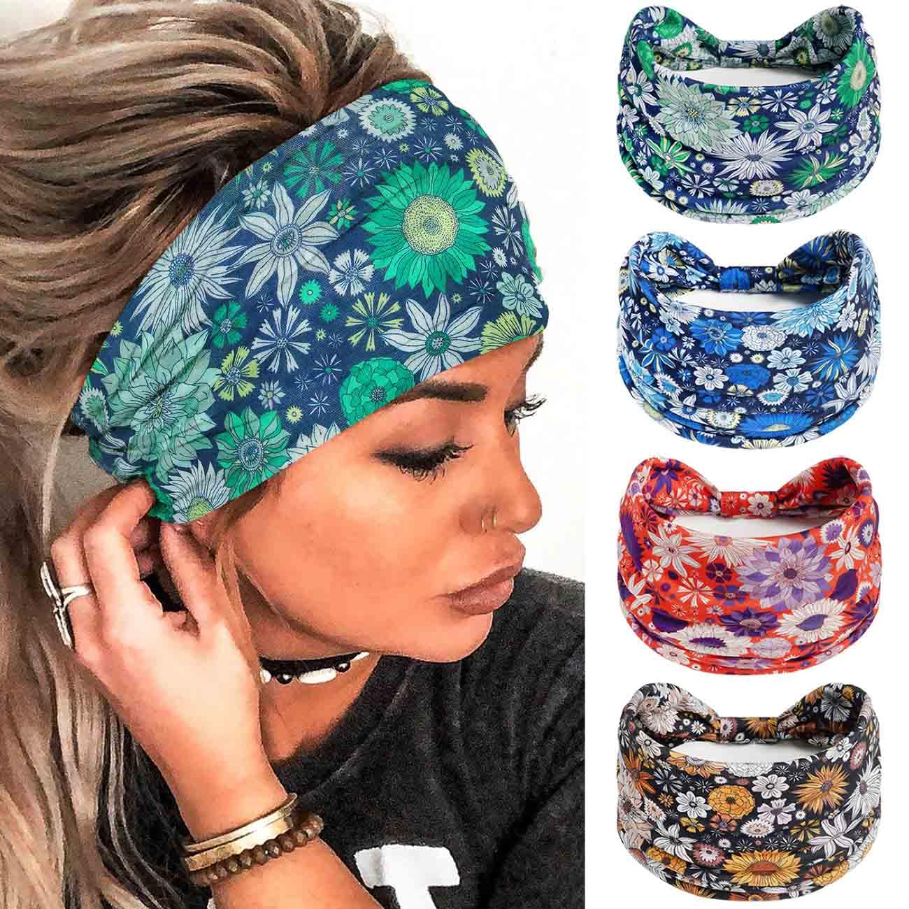 Olbye front view of four floral headbands showing patterns and full coverage benefit