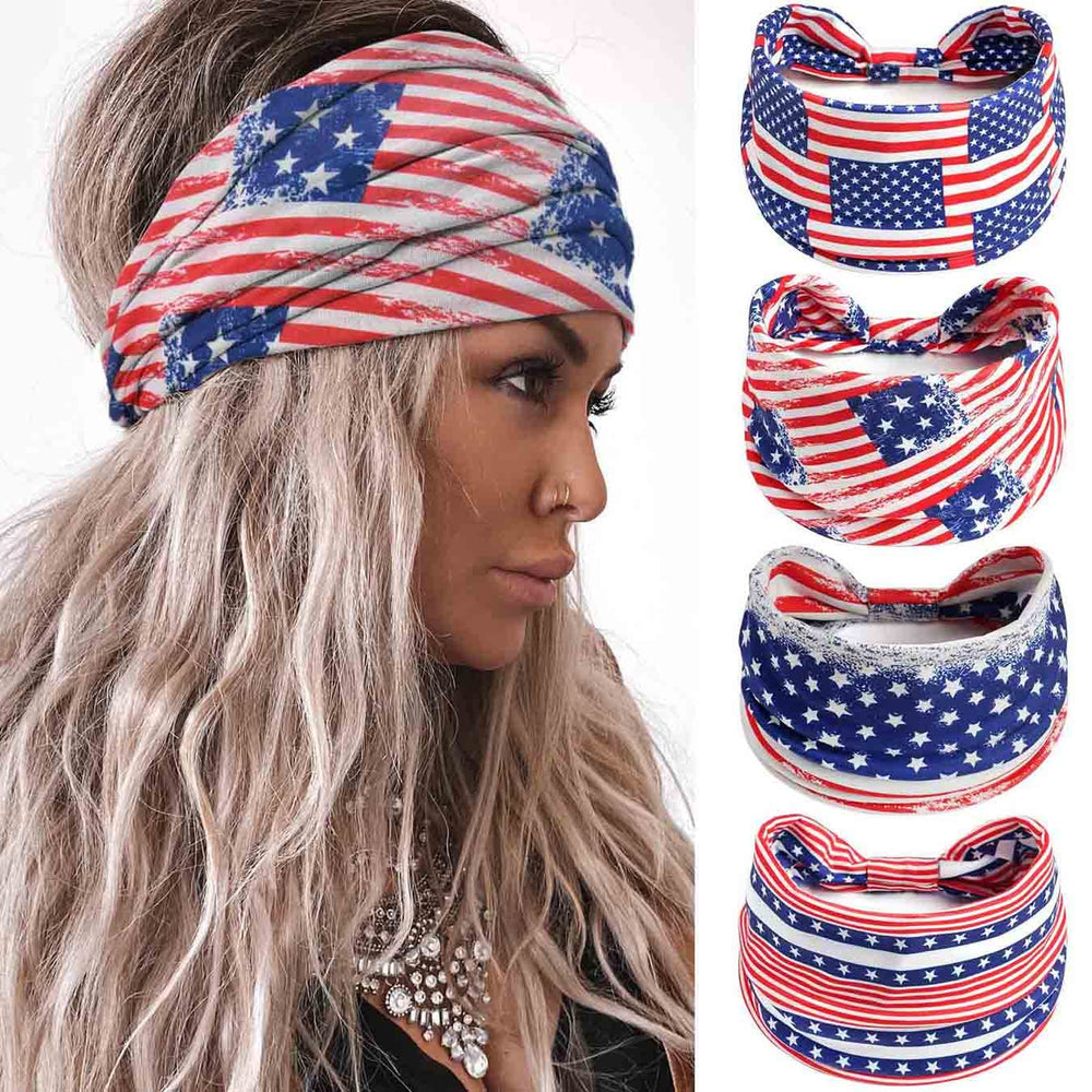 Olbye front view of four patriotic headbands showing colors and patterns benefiting outfit coordination