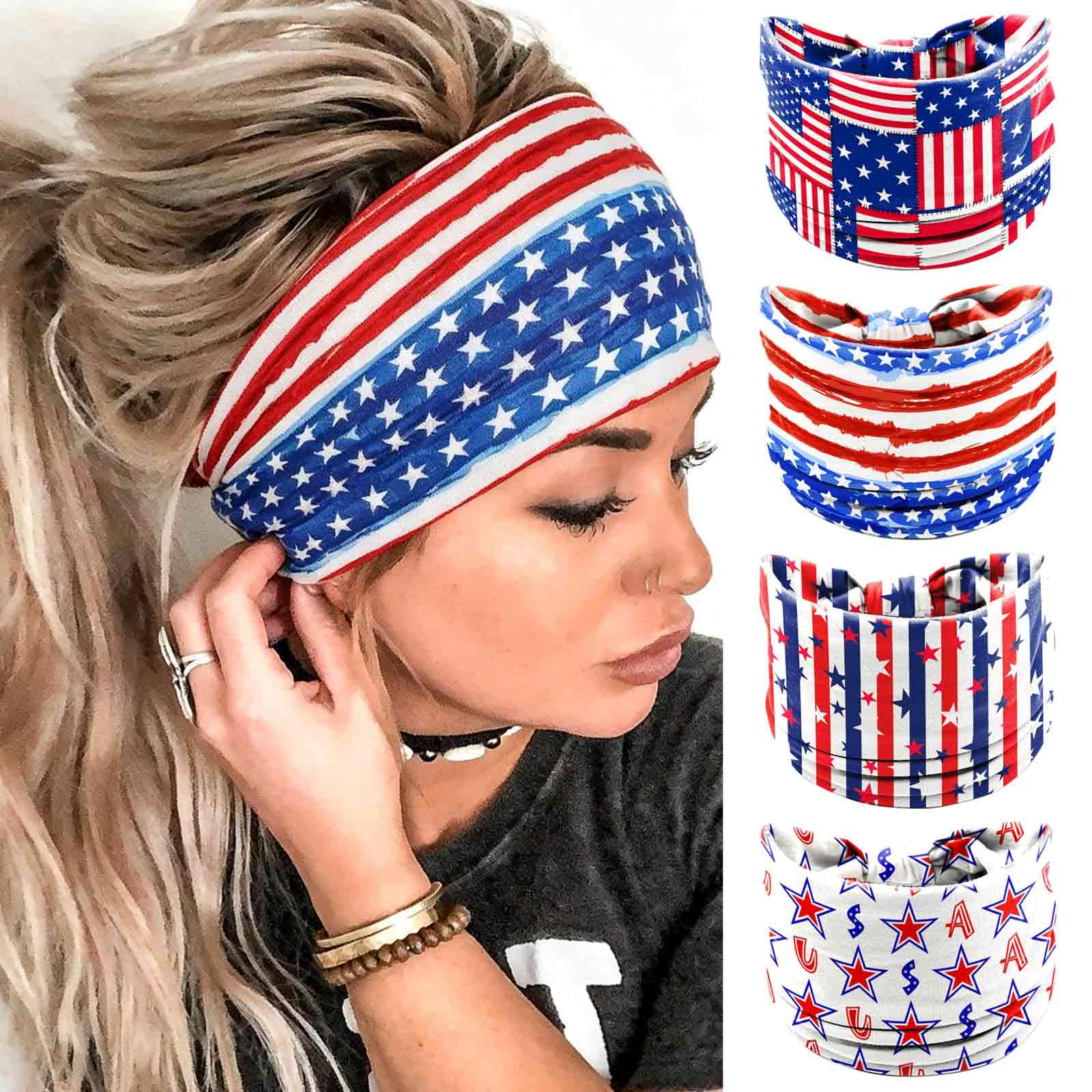 Olbye front pack of four patriotic headbands showing colors and patterns, ready for events
