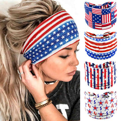 Olbye front pack of four patriotic headbands showing colors and patterns, ready for events