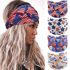 Olbye front packaging showing pack of four patriotic headbands and quick benefit