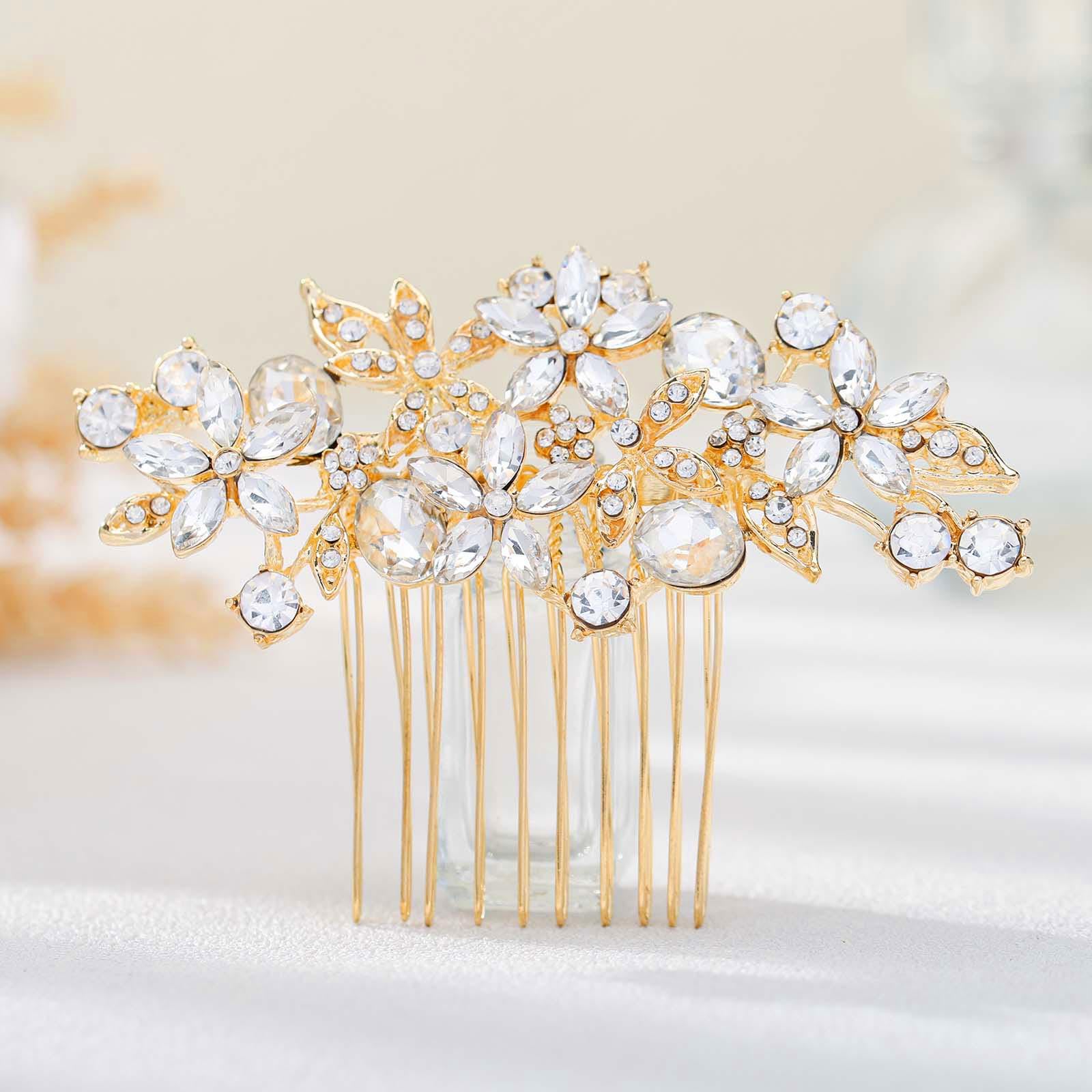 Olbye gold headpiece front view showing sparkling rhinestones and elegant flower design
