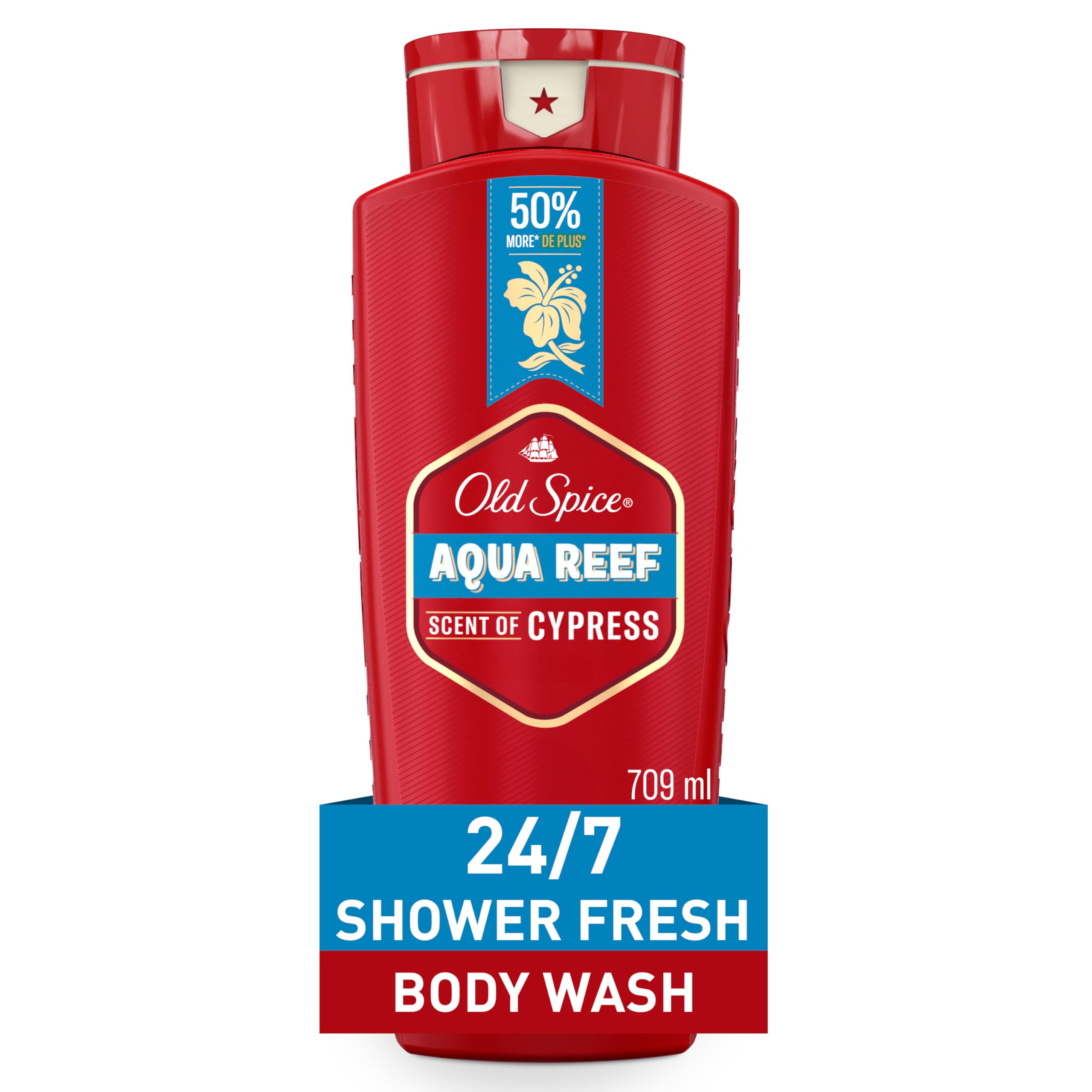 Old Spice front packaging showing 24 oz bottle and brand for shelf appeal