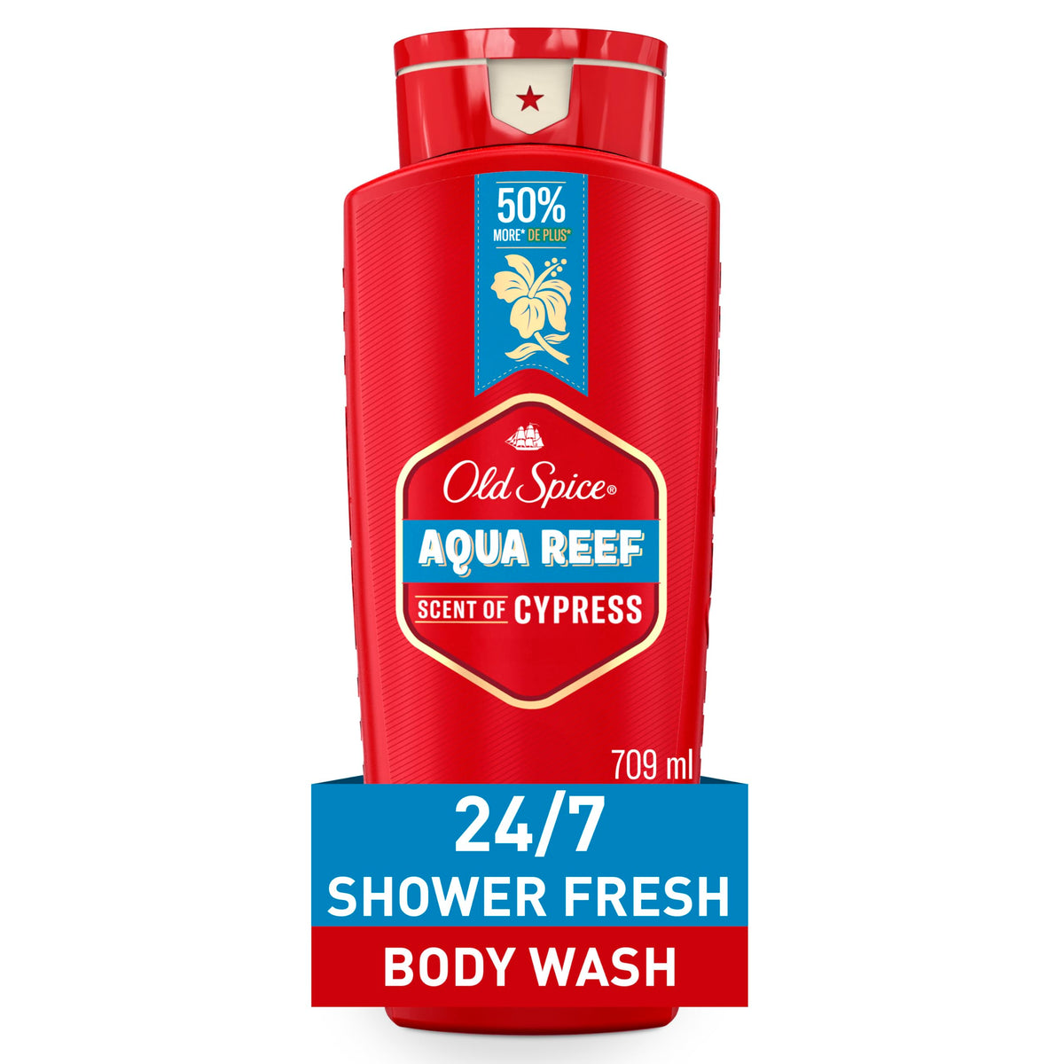 Old Spice front packaging showing 24 oz bottle and brand for shelf appeal