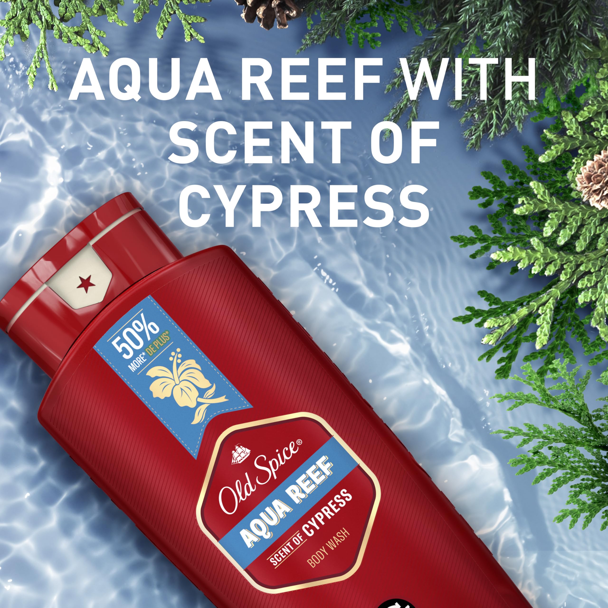 Old Spice Aqua Reef lineup displayed to suggest complementary product use