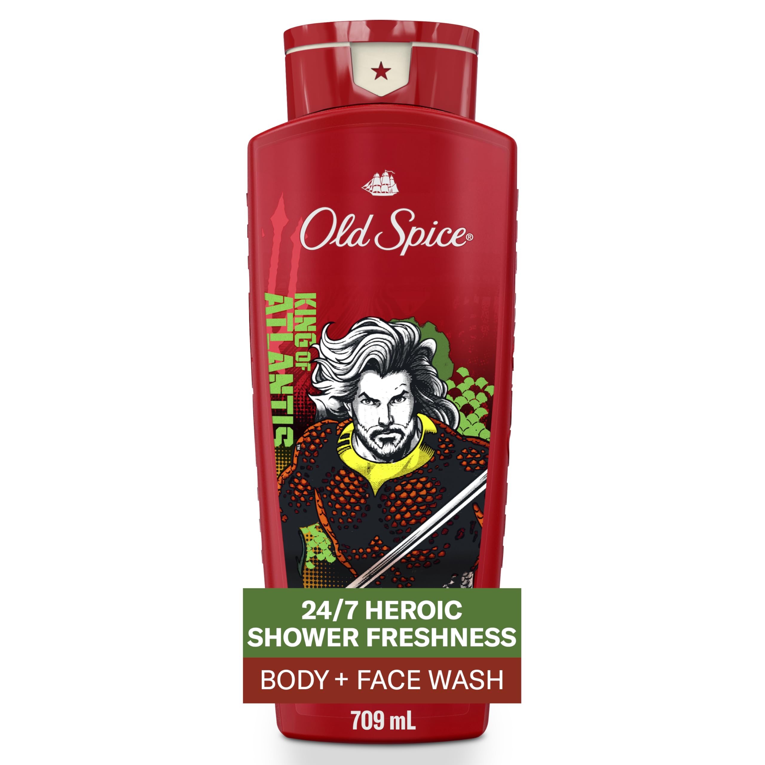 Old Spice bottle front packaging showing Aquaman design and 24 oz size for bold scent