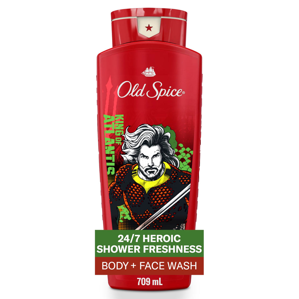 Old Spice bottle front packaging showing Aquaman design and 24 oz size for bold scent