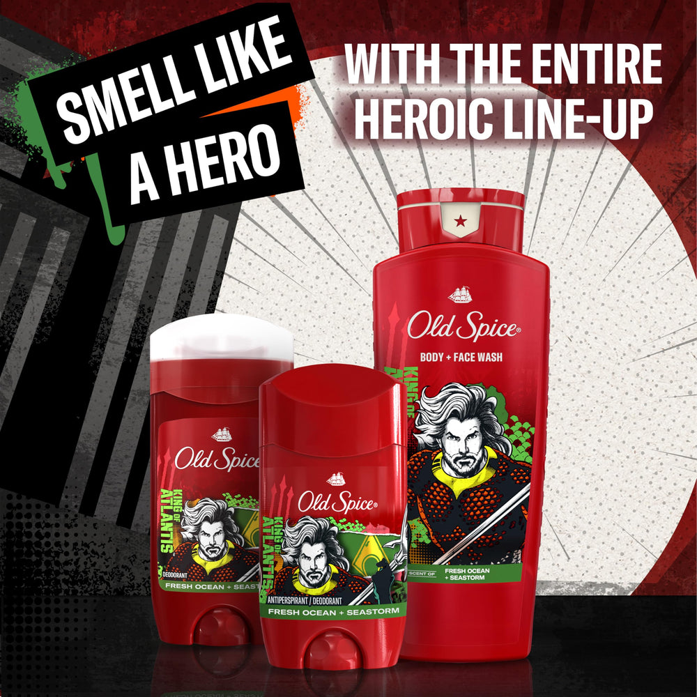 Morning bathroom scene with Old Spice Aquaman bottle showing refreshing routine boost