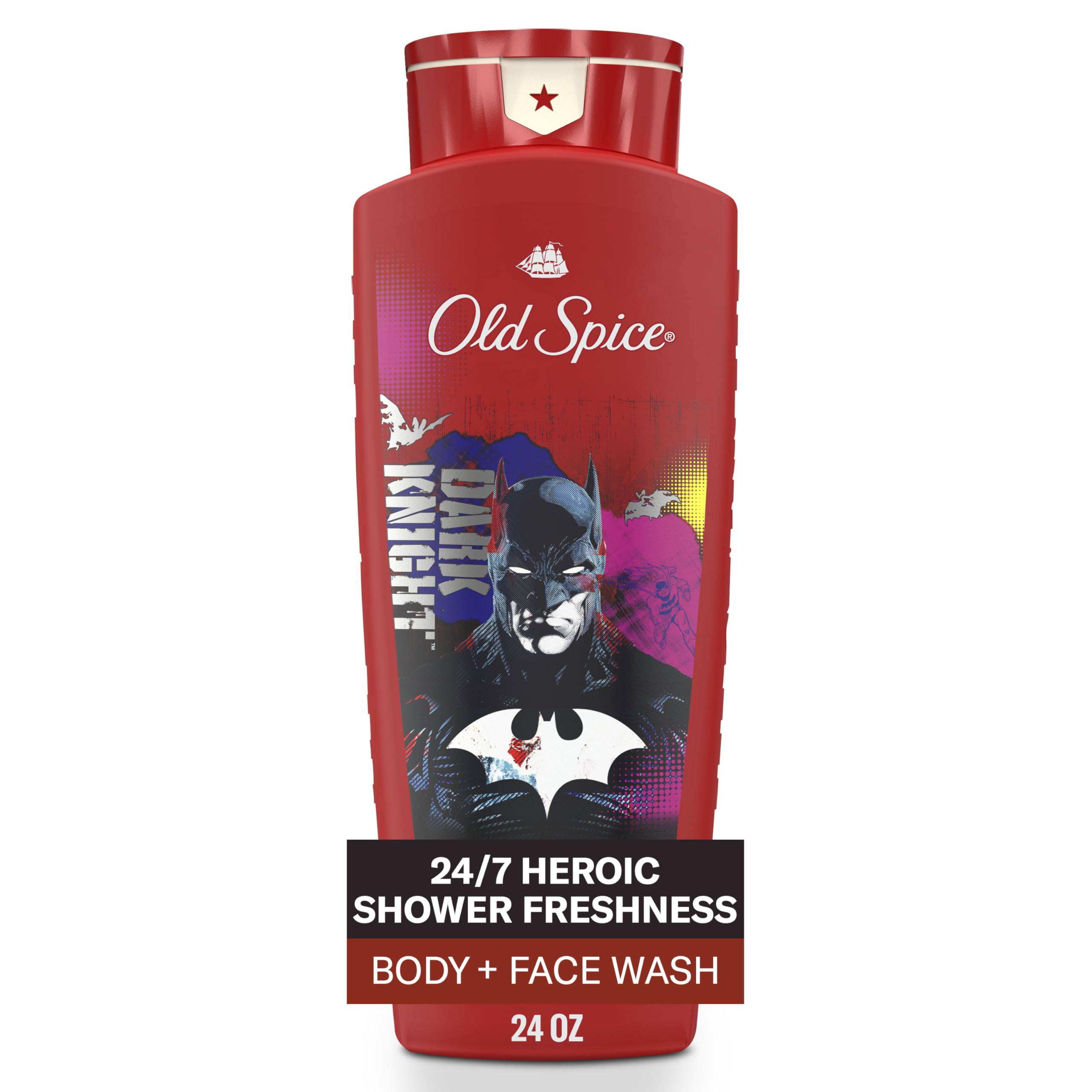 Old Spice Batman front packaging showing 24 oz bottle and branding, fresh scent benefit