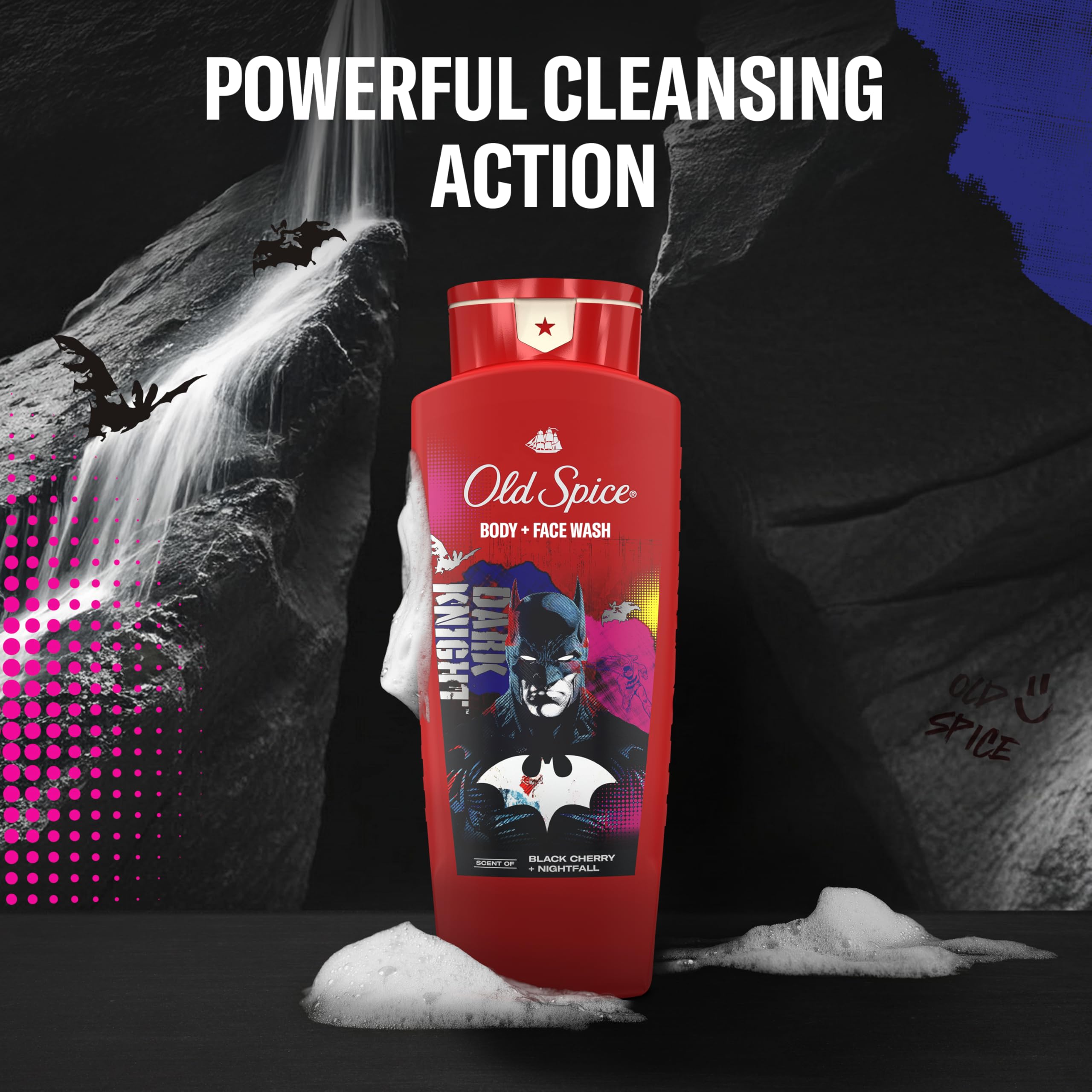 Old Spice Batman label and Batman logo close-up highlighting limited-edition design benefit