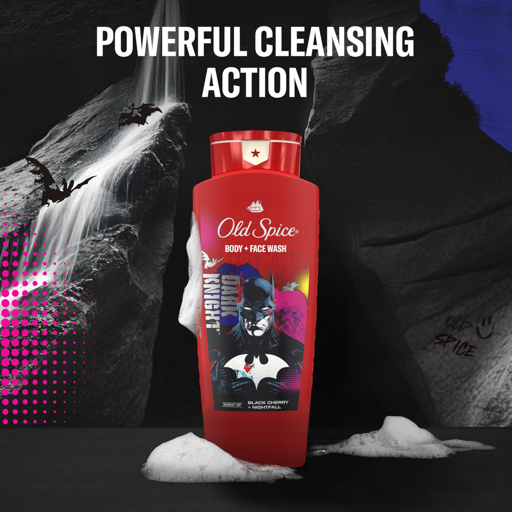 Old Spice Batman label and Batman logo close-up highlighting limited-edition design benefit