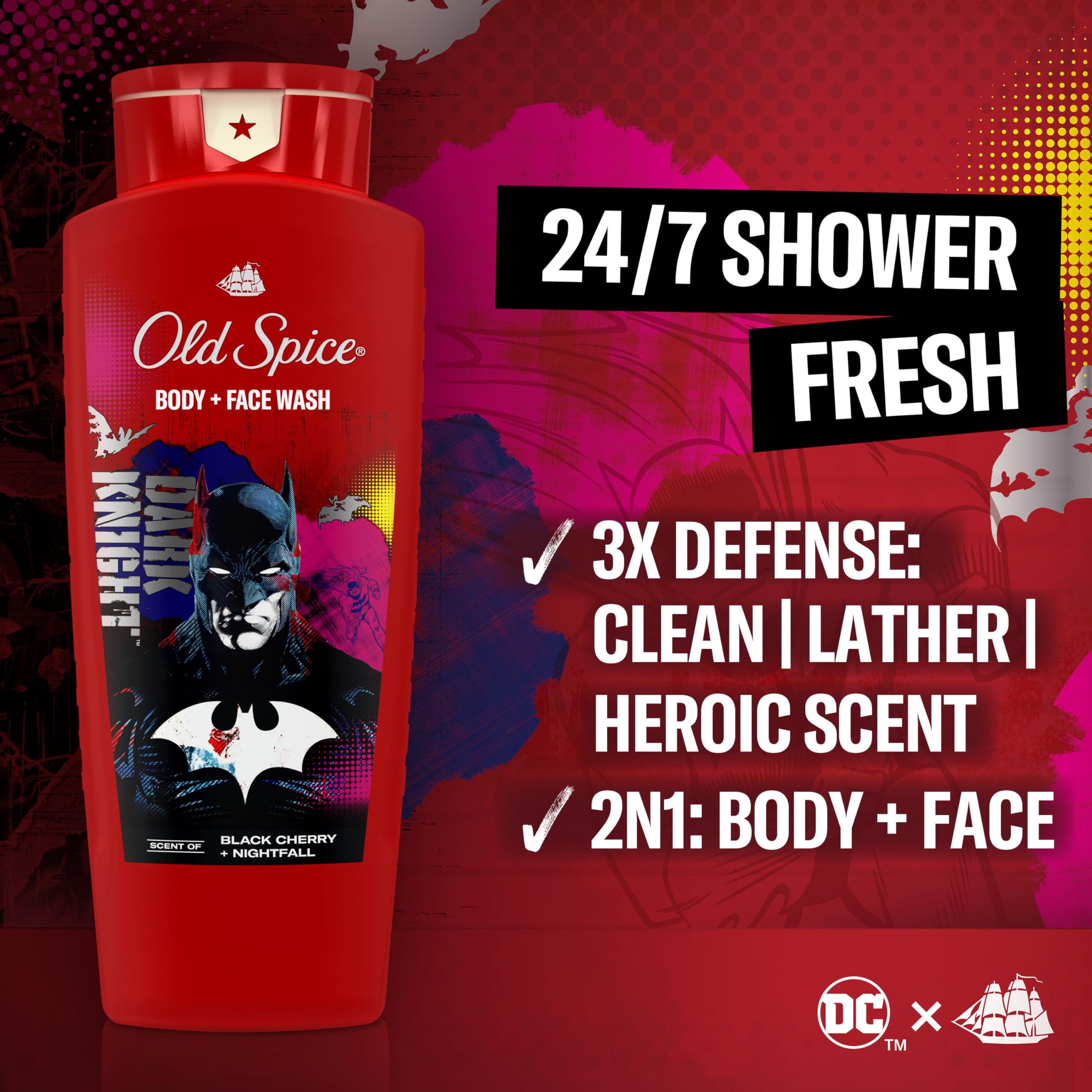 Old Spice Batman pump and cap detail demonstrating easy dispensing and convenient use
