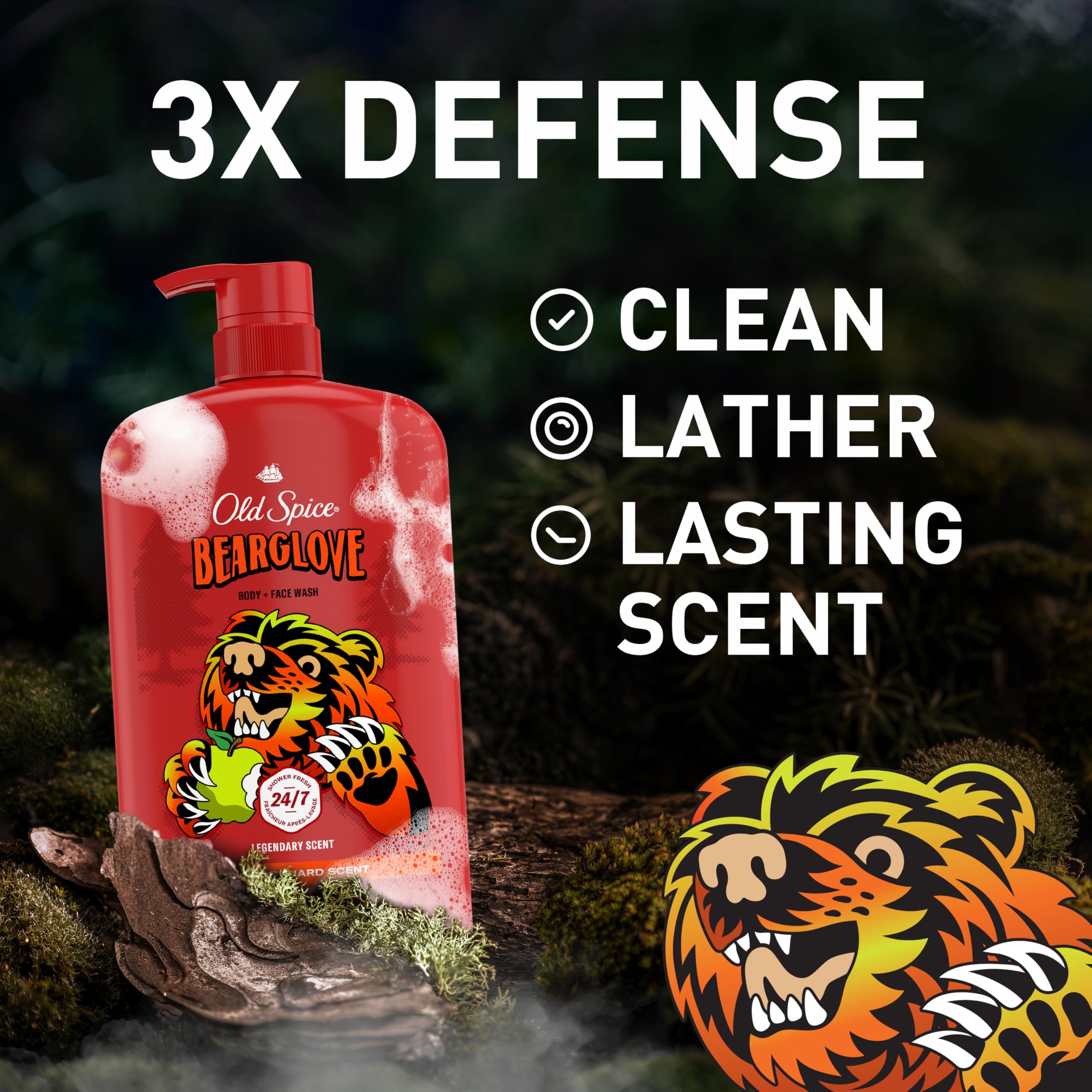 Old Spice Bearglove pump and label detail highlighting easy dispensing benefit