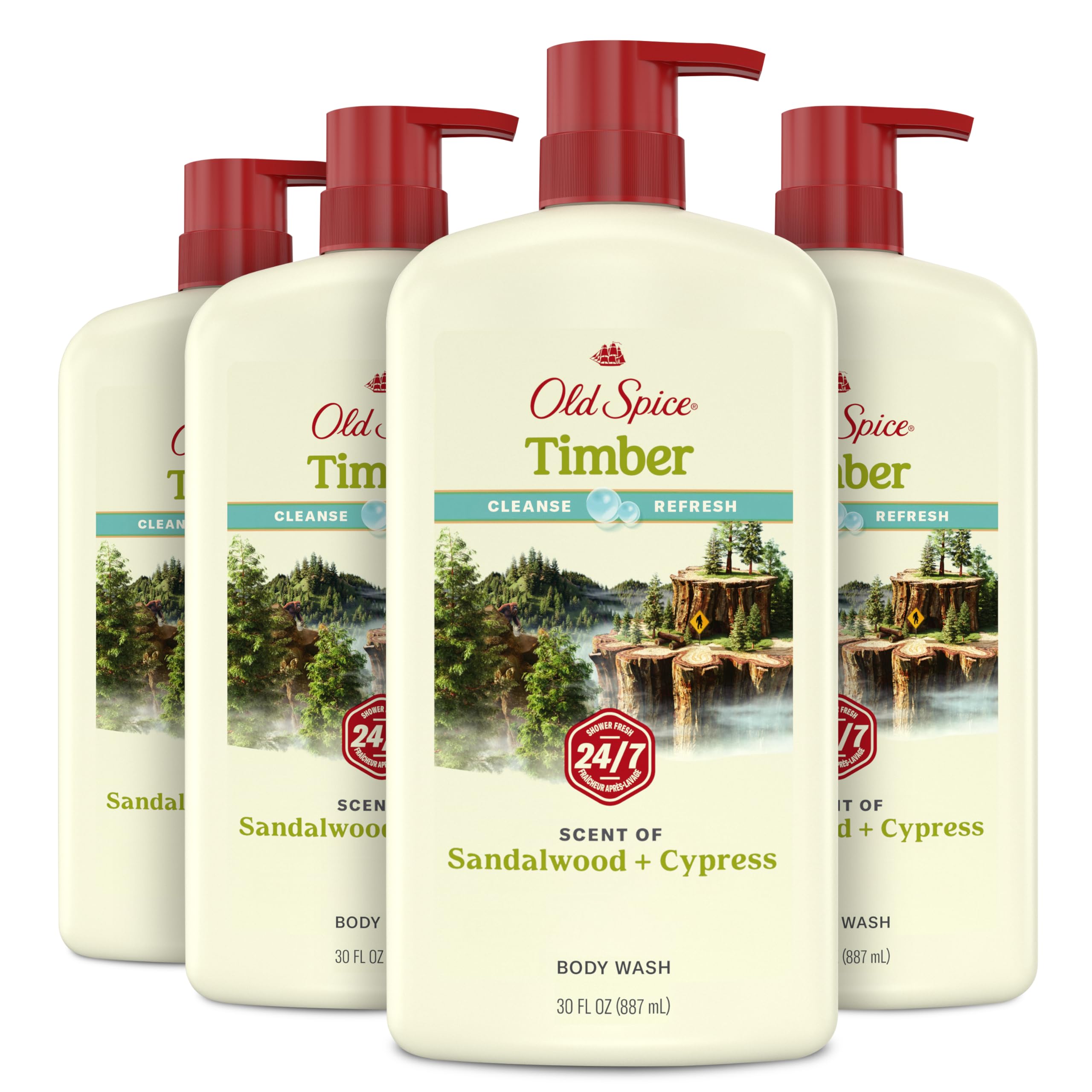 Old Spice front bottle showing label and timber scent, promotes long-lasting freshness