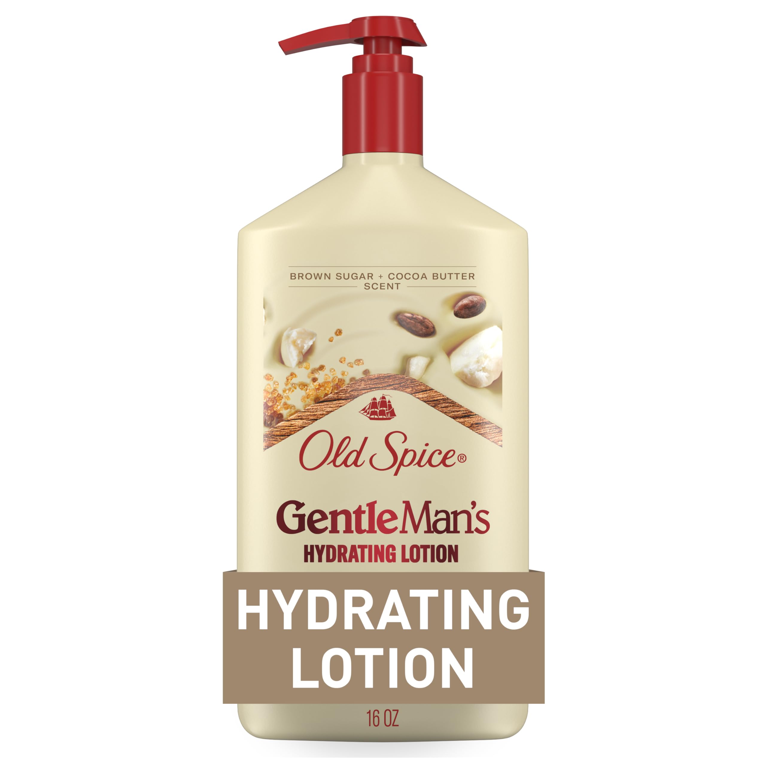 Old Spice bottle front showing Brown Sugar + Cocoa Butter and 16oz benefit