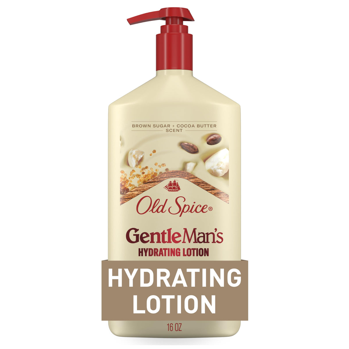 Old Spice bottle front showing Brown Sugar + Cocoa Butter and 16oz benefit