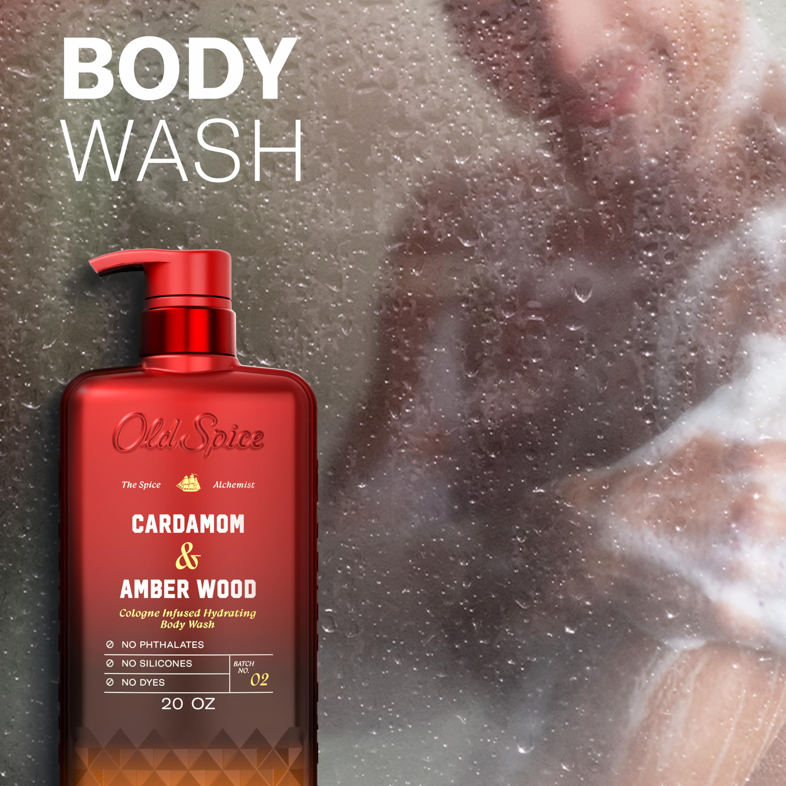 Old Spice bottle on shower shelf showing real-world storage and convenient daily-use benefit